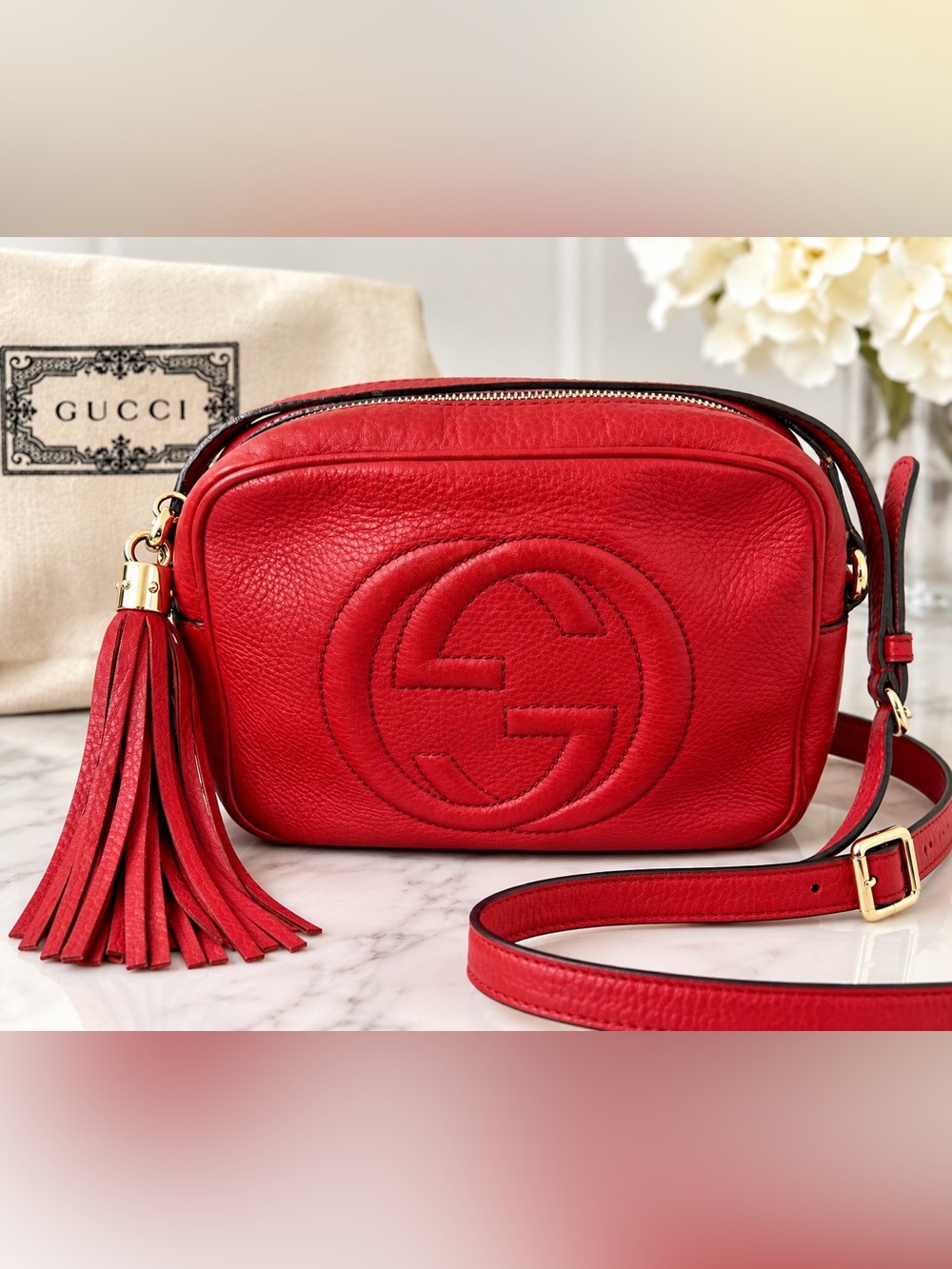 Gucci Soho Disco Red Pebbled Leather GG Tassel Crossbody Bag Authentic